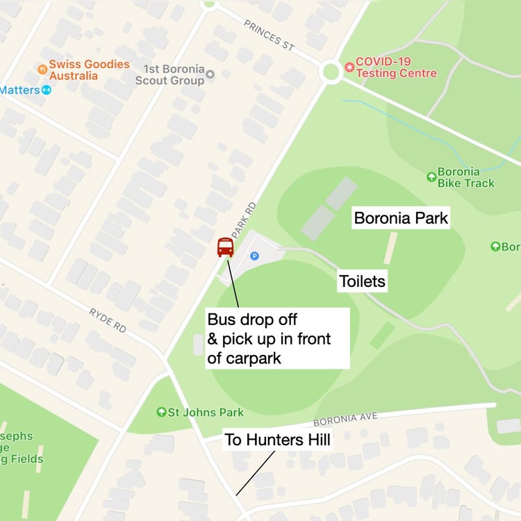 Bus map showing bus drop off and pick up spot at park street Boronia Park in front of a carpark