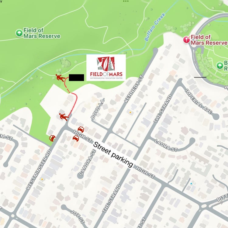 Map showing street parking on High St and Westminster Rd. Highlighted walking route to Field of Mars EEC via Westminster Rd.