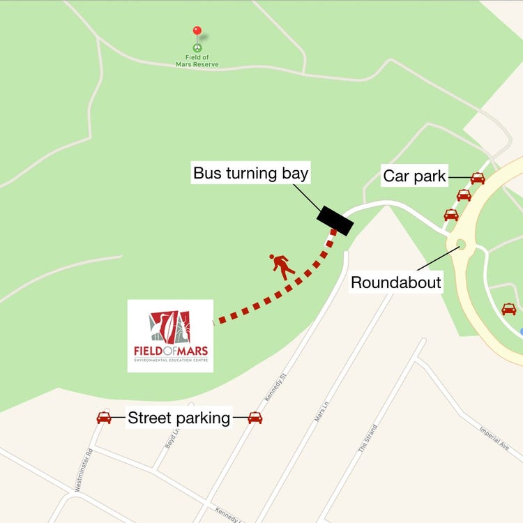 Map of Field of Mars Reserve showing car park and bus turning bay accessed via Pittwater Road
