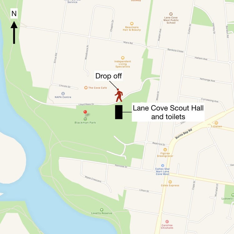 Map of Blackman Park with drop off location identified at Lloyd Rees Dr