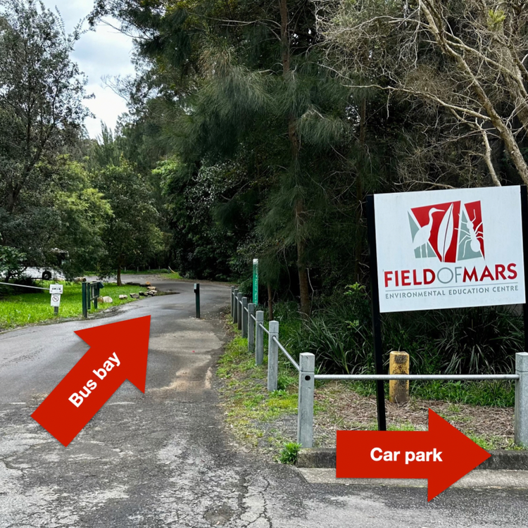 Arrows indicating two separate car and bus entrances to the Field of Mars Reserve.