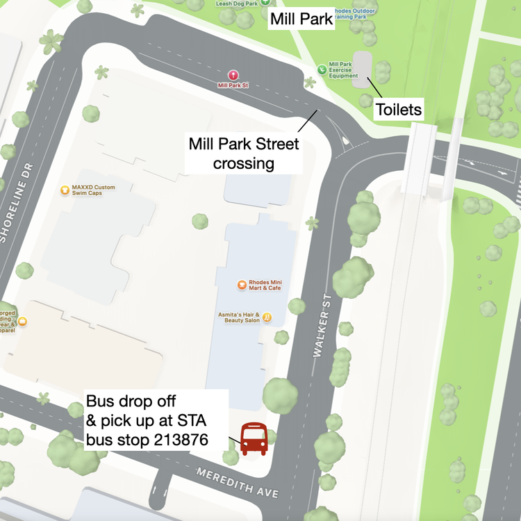 Map showing bus stop on the corner of Meredith Ave and Walker St and Mill Park on Mill Park St