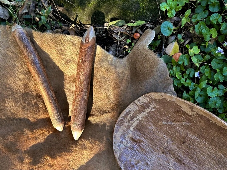 Kangaroo skin and wooden clapping sticks