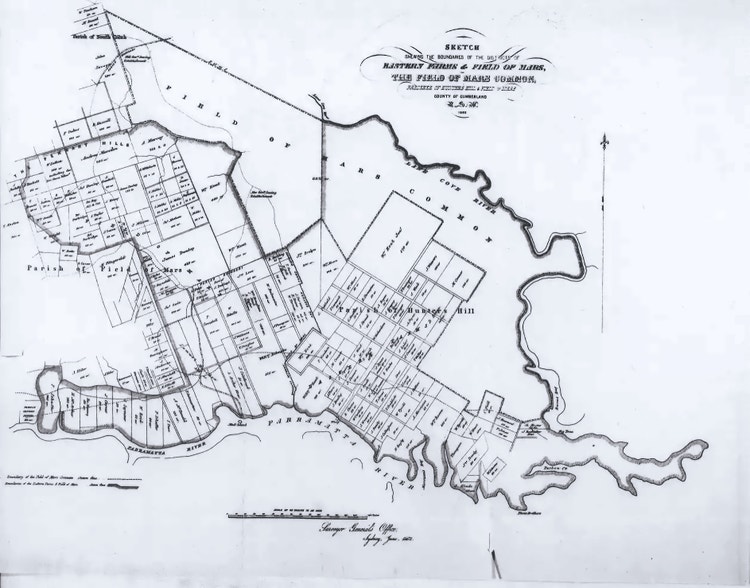Historic map of Field of Mars bounded by Lane Cove and Parramatta Rivers. Rectangular subdivisions are shown.