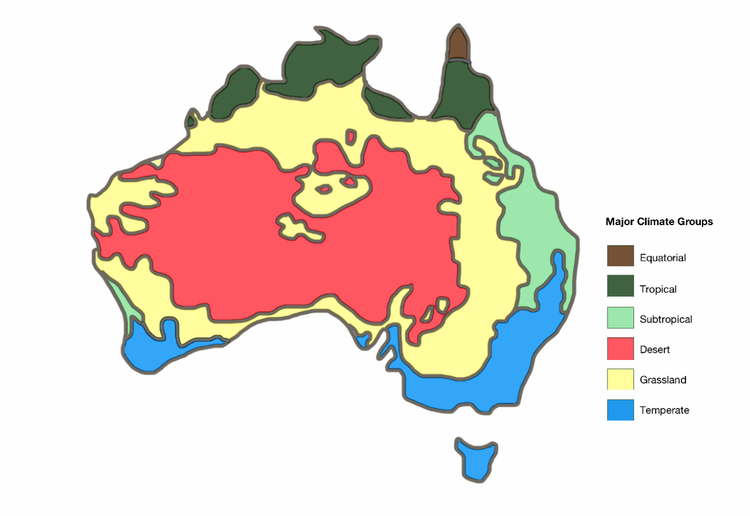 Climate map of Australia with the temperate zone in the south-eastern and south-western parts of the coast