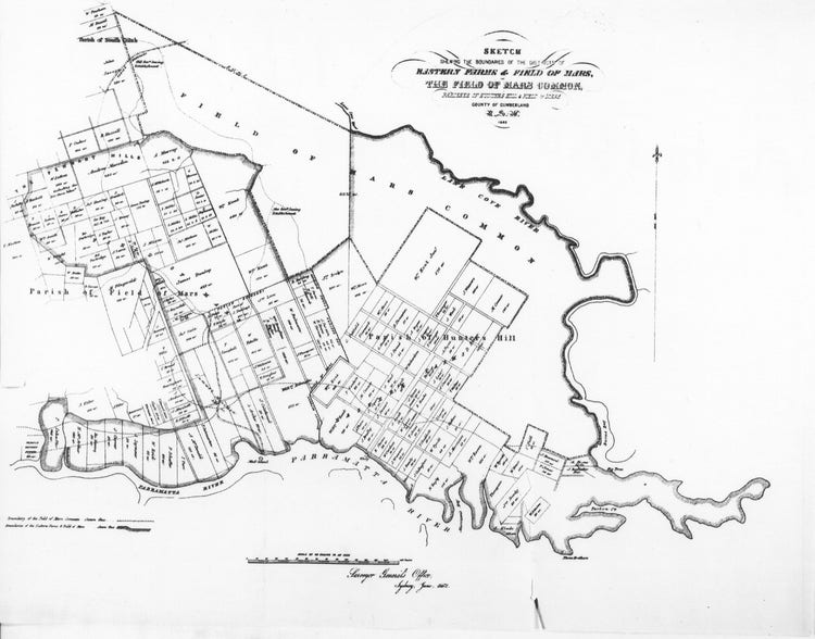 Historic map of Field of Mars bounded by Lane Cove and Parramatta Rivers. Rectangular subdivisions are shown.