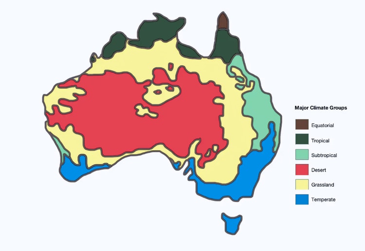 Climate map of Australia with the temperate zone in the south-eastern and south-western parts of the coast