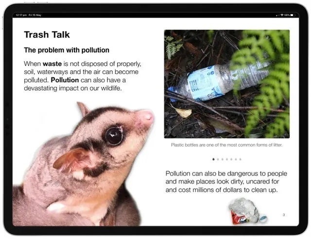 Page from the digital book Trash Talk titled “Trash Talk – the problem with pollution” with images of rubbish and polluted environments