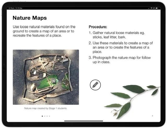 Page from the digital book Fieldwork K–6 titled “Nature maps” with hand-drawn maps and fieldwork sketches