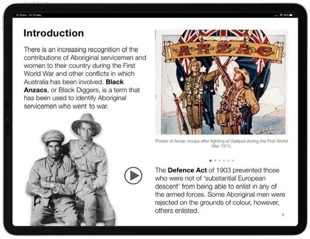 Page from the digital book Black Anzacs titled “Introduction” showing two Australian Aboriginal servicemen in uniform