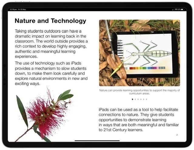 Page from the digital book Learning Outside with iPad titled “Nature and technology” showing students using iPads outdoors