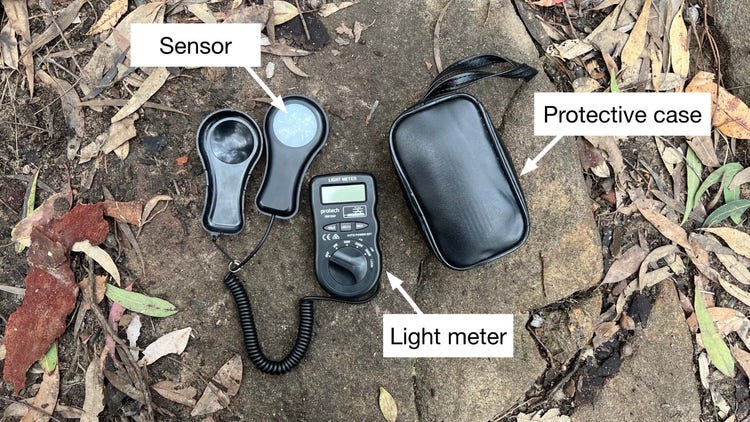 Light meter lying on a rock with labels showing the sensor and protective case