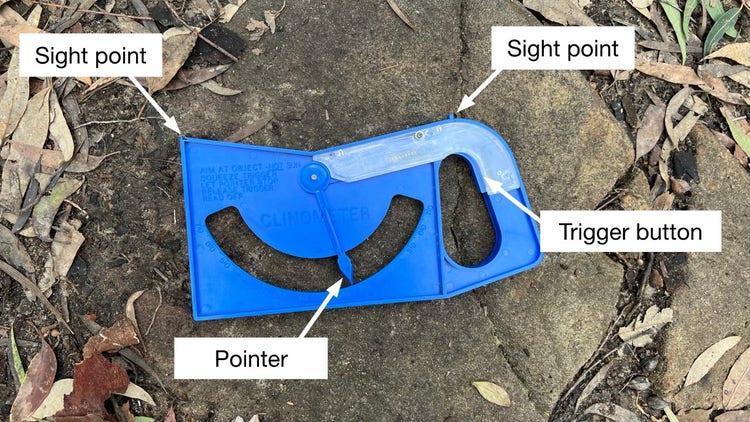 Clinometer lying on a rock showing labels to the sight points trigger button and pointer