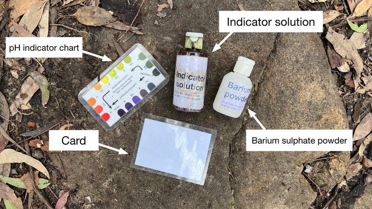 Soil pH kit containing indicator solution, barium sulphate powder, a white card and a pH indicator chart.